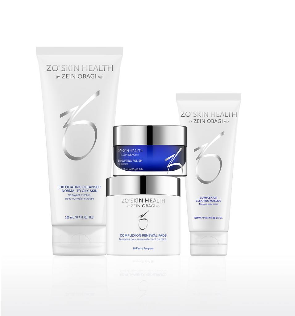 ZO Skin Health Complexion Clearing Program displayed on a clean white surface, featuring a full regimen of acne-targeting products designed to reduce breakouts, control oil, and improve skin clarity.